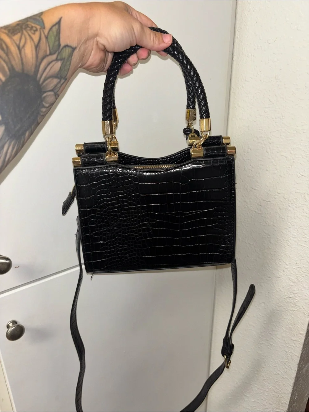bebe Black Croc-Embossed Satchel with Gold Accents